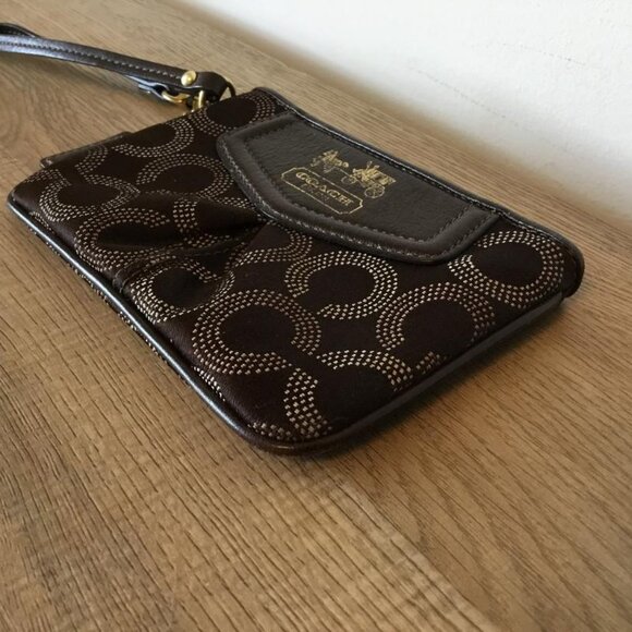 Coach Madison Brown Satin Fabric Wristlet Leather Trim Horse & Carriage Emblem - Picture 5 of 8